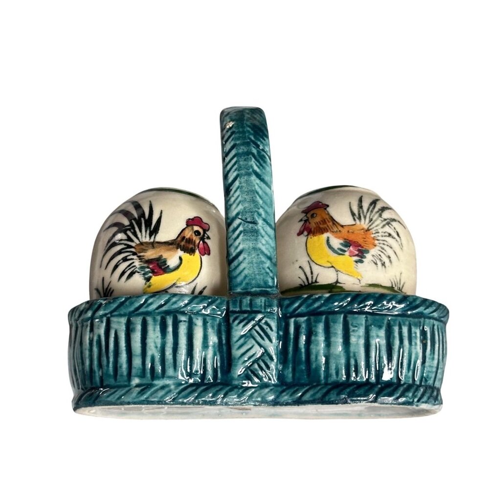 Porcelain Chicken Roosters Motif Salt Pepper Shaker Set Basket Egg Shape 40's